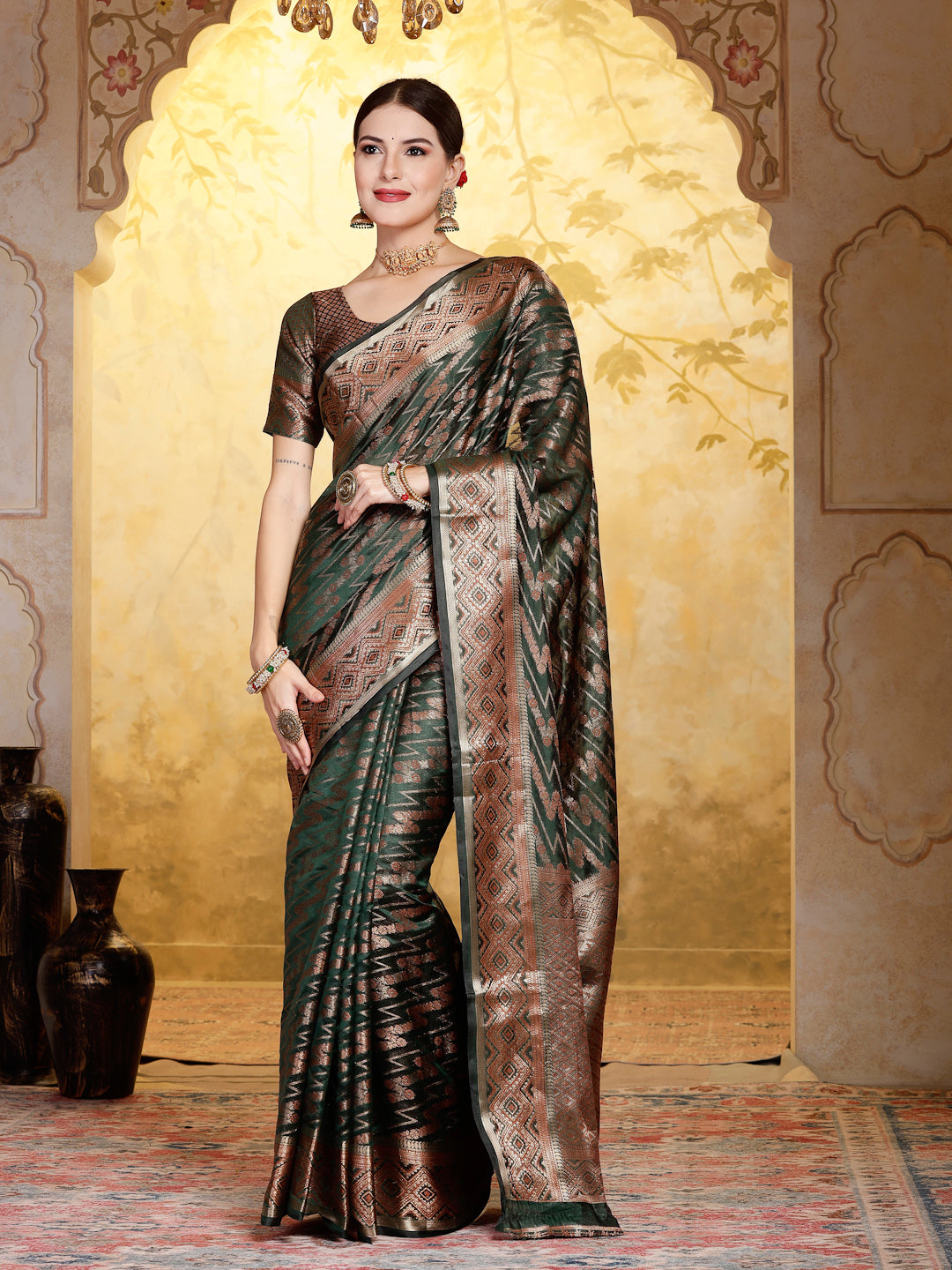 Mehndi Green Geometric Print Woven Zari Border Organza Saree