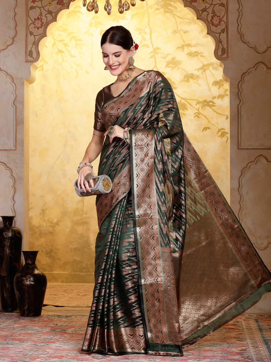 Mehndi Green Geometric Print Woven Zari Border Organza Saree