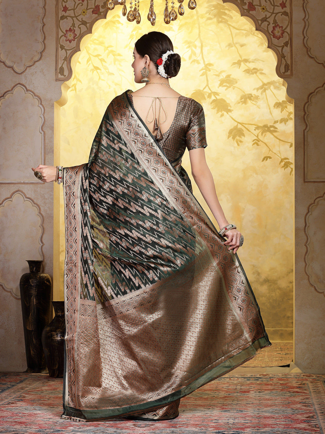 Mehndi Green Geometric Print Woven Zari Border Organza Saree