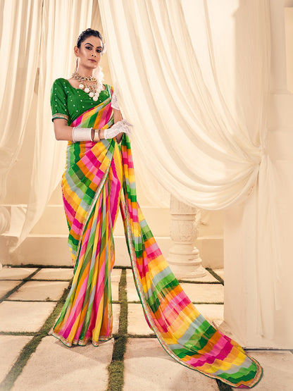 Green Leheriya Printed Embroidered Border Georgette Saree