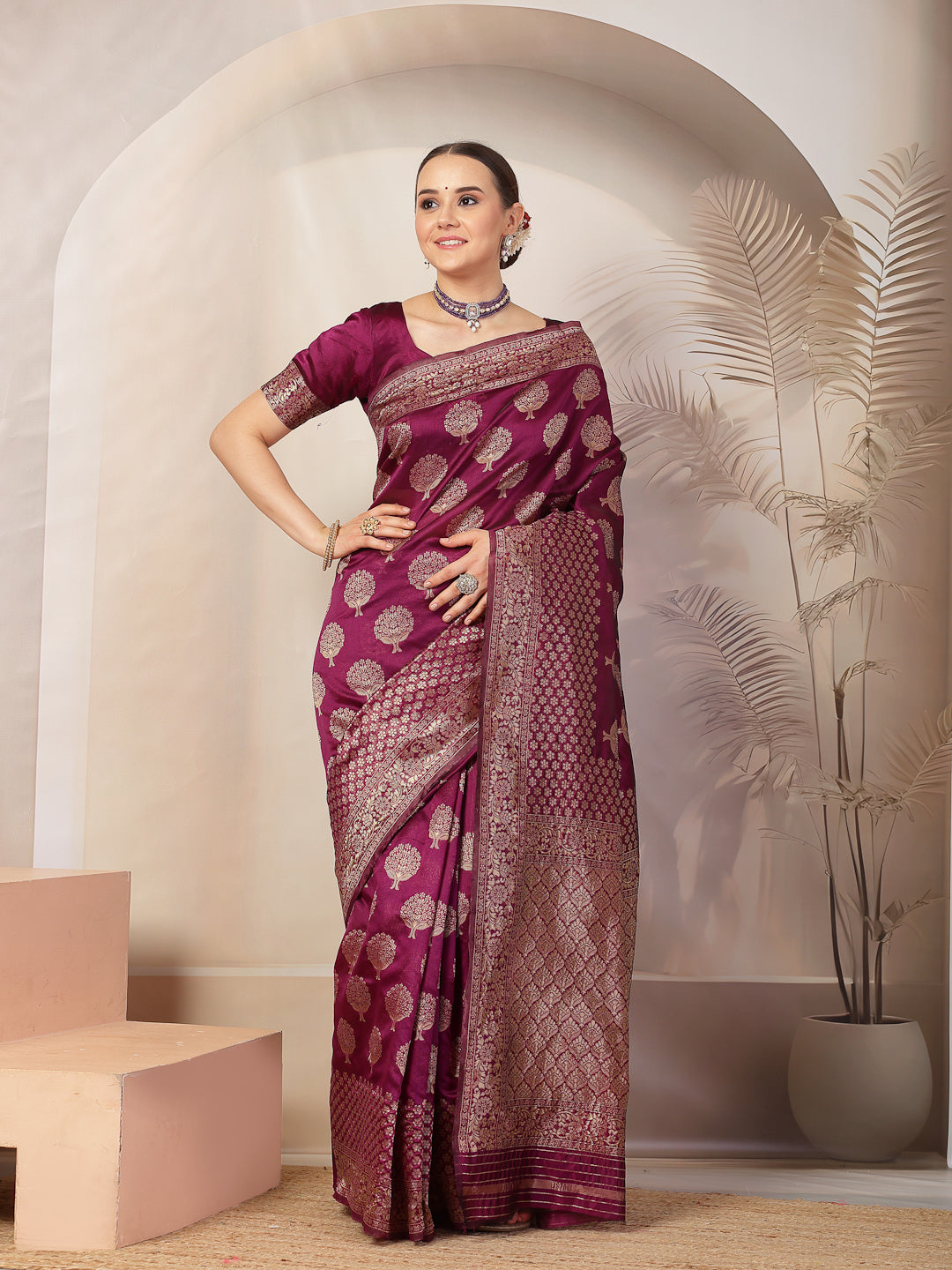 Wine Ethnic Motifs Banarsi Woven Zari Silk Saree