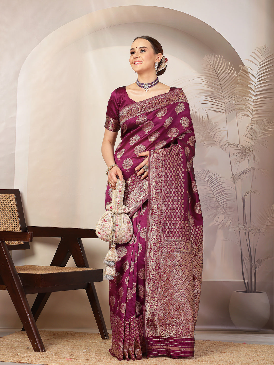 Wine Ethnic Motifs Banarsi Woven Zari Silk Saree