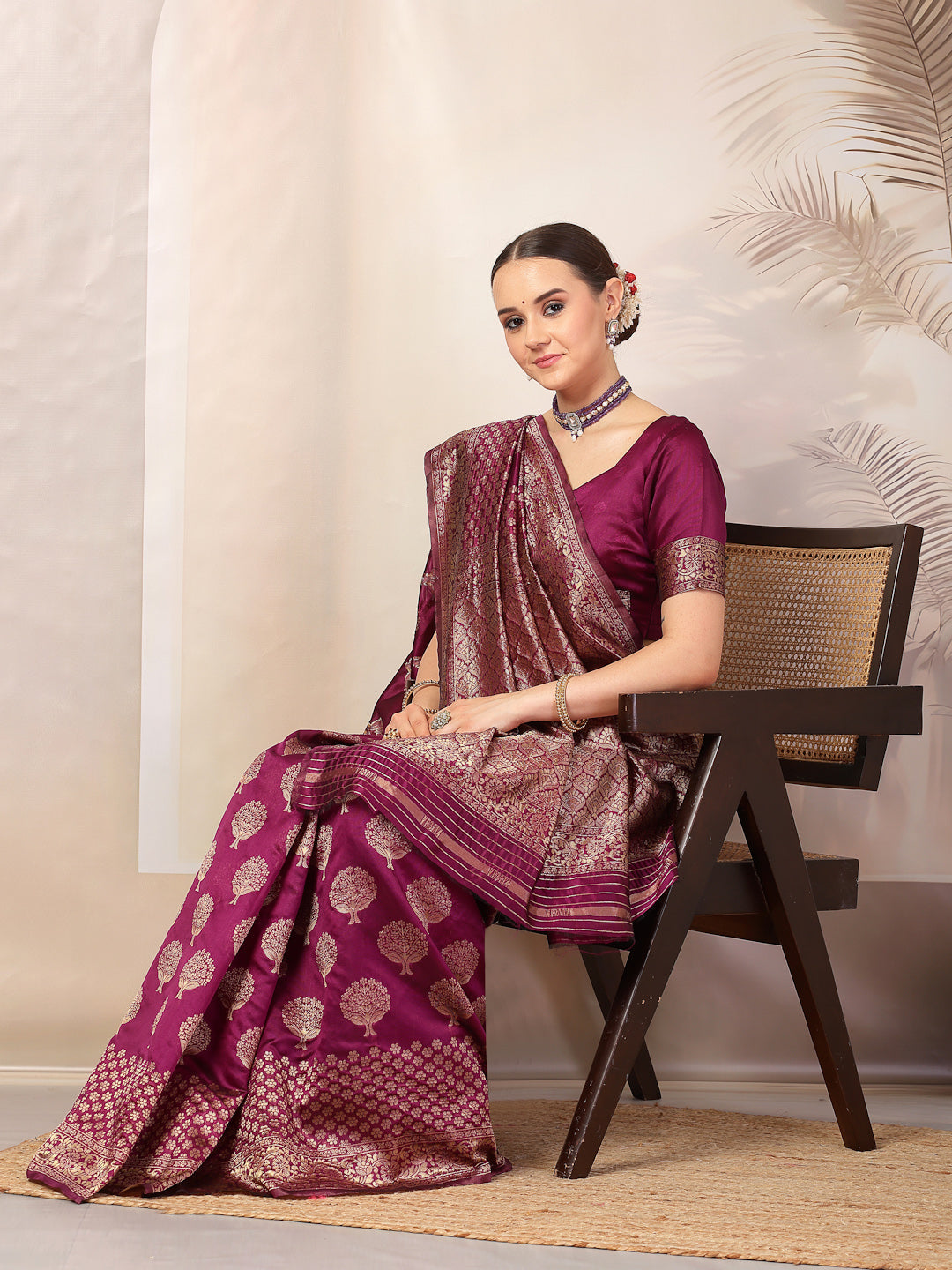 Wine Ethnic Motifs Banarsi Woven Zari Silk Saree