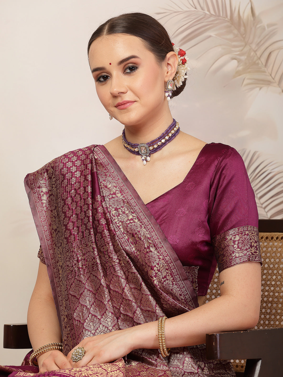 Wine Ethnic Motifs Banarsi Woven Zari Silk Saree