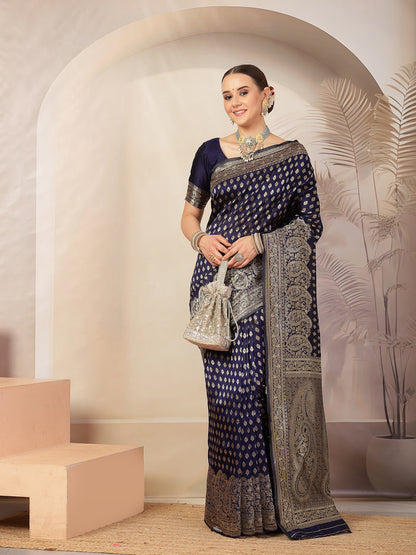 Blue Ethnic Motifs Banarsi Woven Zari Silk Saree