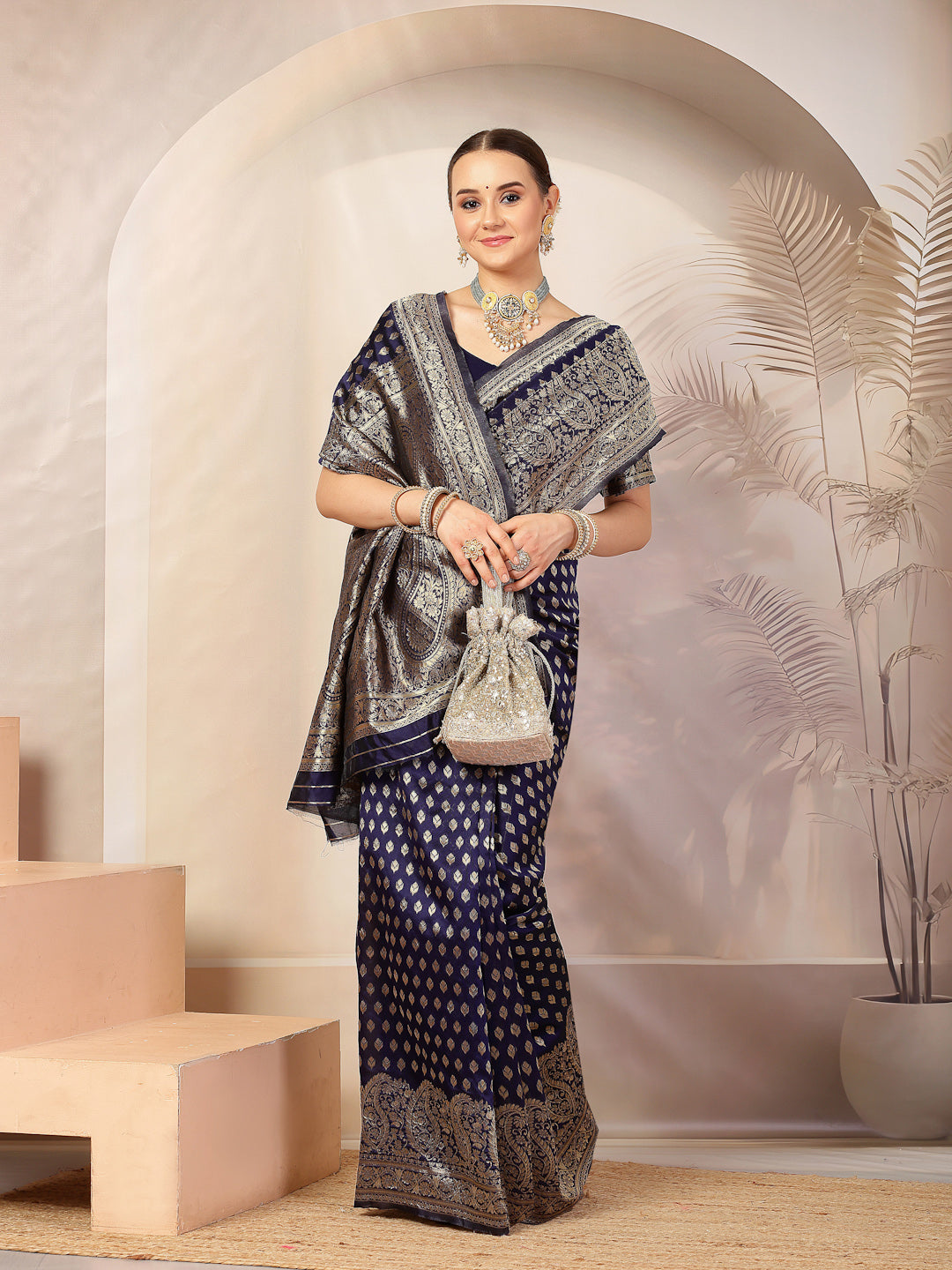 Blue Ethnic Motifs Banarsi Woven Zari Silk Saree