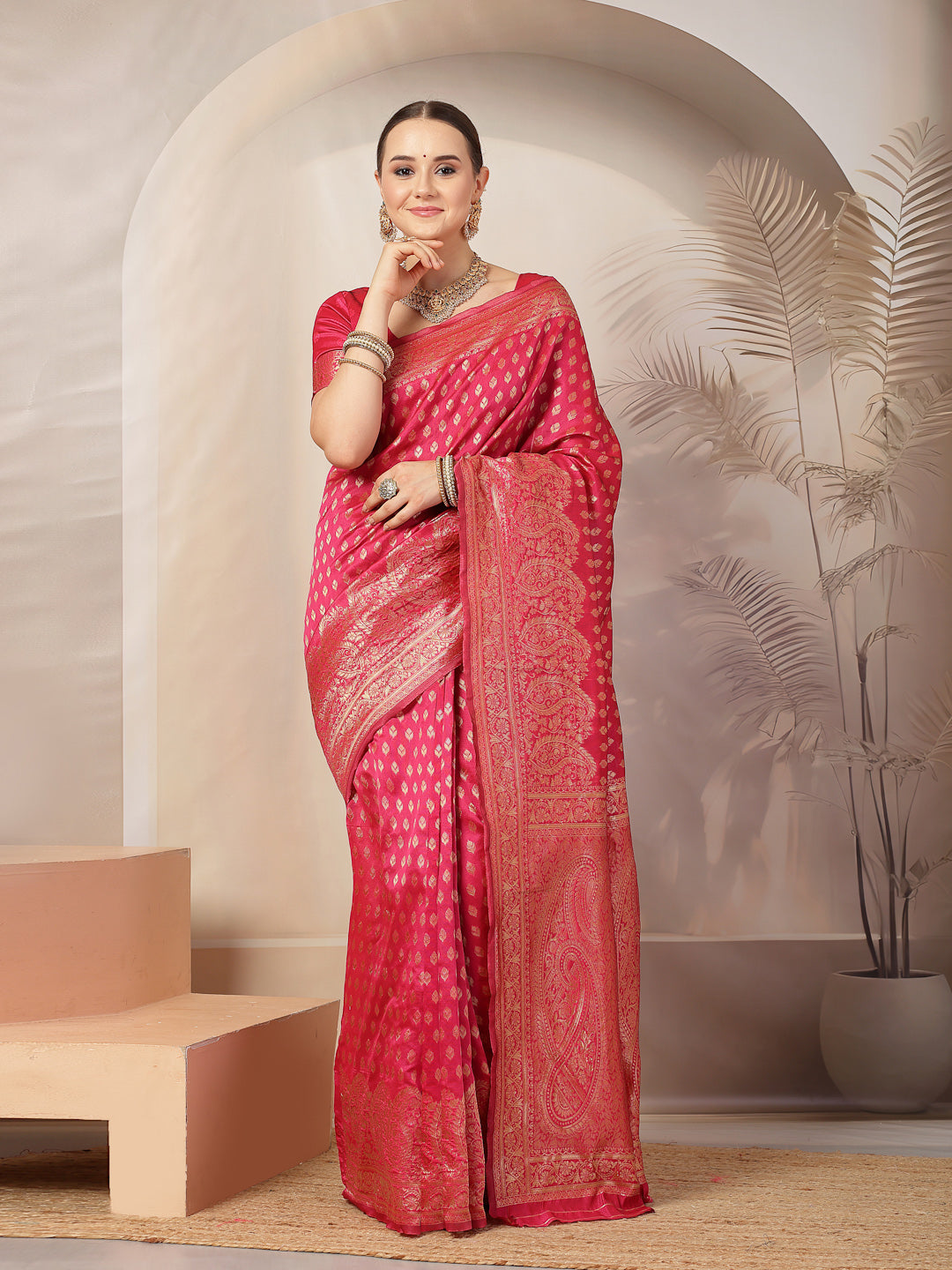 Pink Ethnic Motifs Banarsi Woven Zari Silk Saree