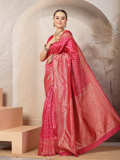 Pink Ethnic Motifs Banarsi Woven Zari Silk Saree