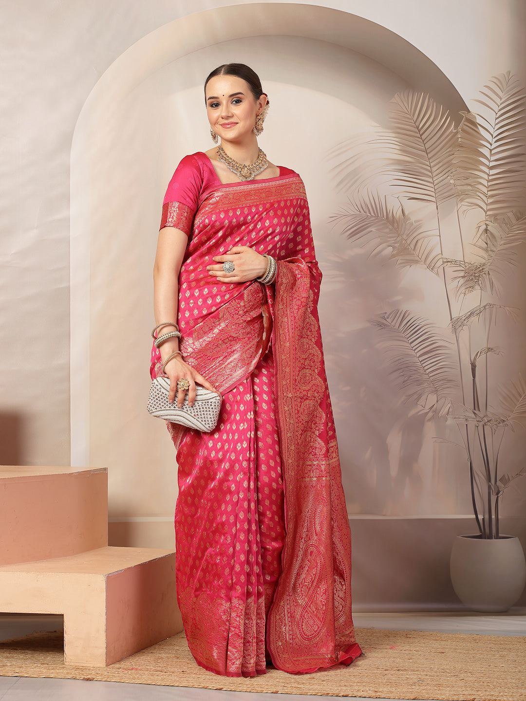 Pink Ethnic Motifs Banarsi Woven Zari Silk Saree