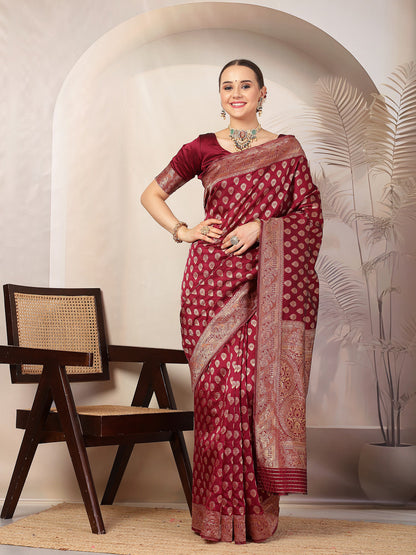 Wine Ethnic Motifs Banarsi Woven Zari Silk Saree