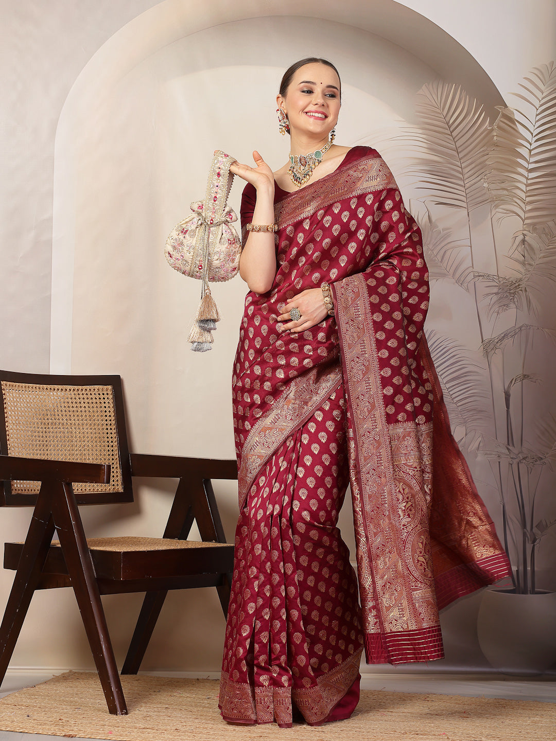 Wine Ethnic Motifs Banarsi Woven Zari Silk Saree