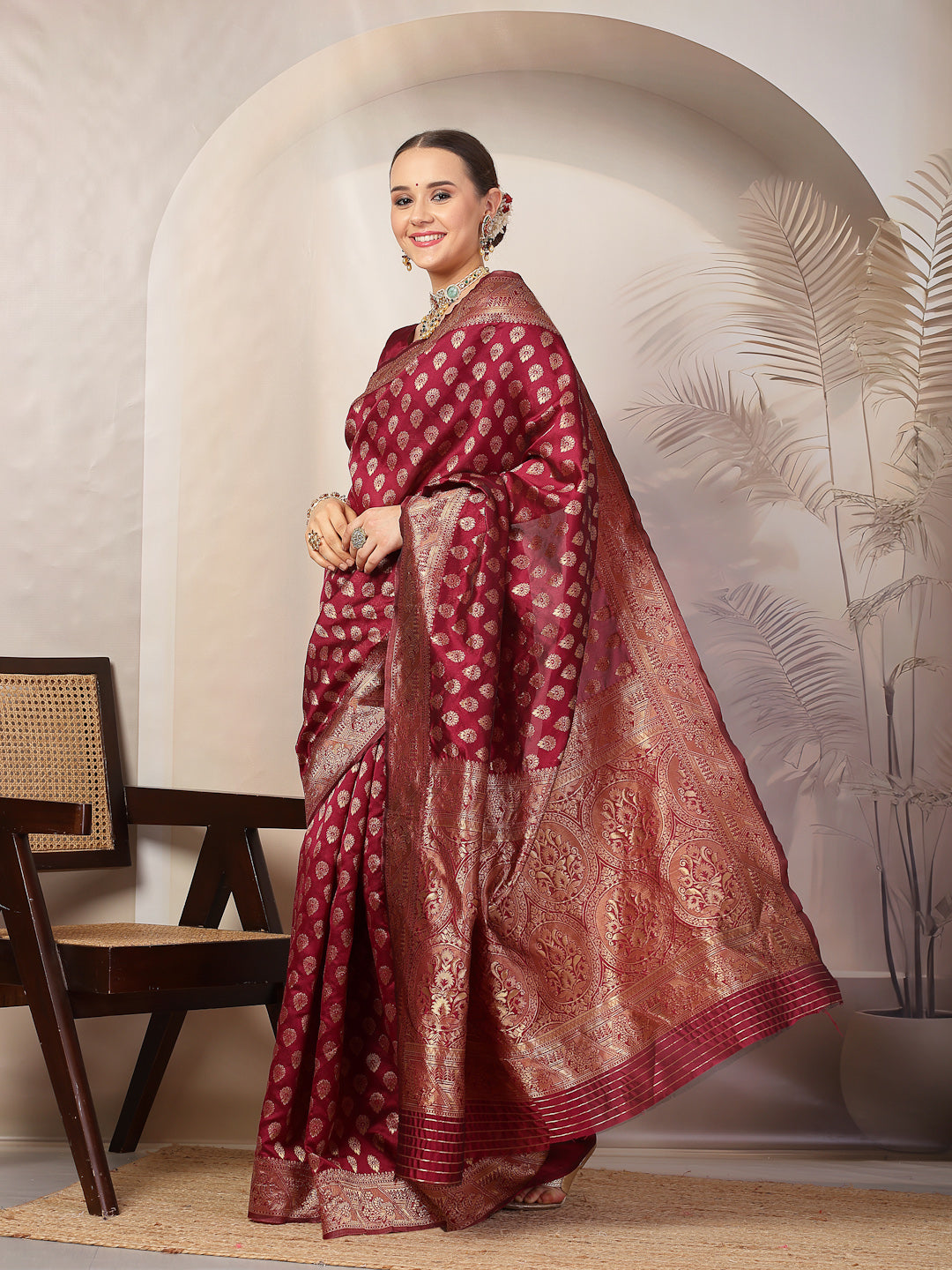 Wine Ethnic Motifs Banarsi Woven Zari Silk Saree