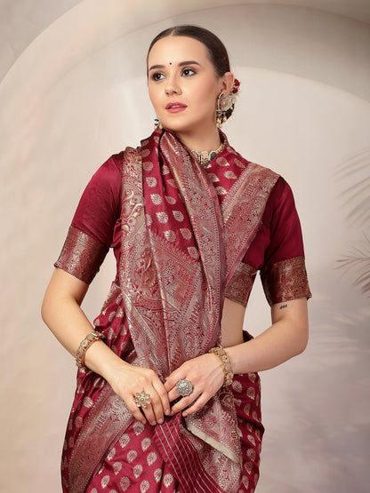 Wine Ethnic Motifs Banarsi Woven Zari Silk Saree