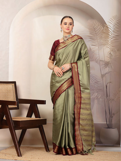 Mehndi Solid Traditional Banarsi Zari Border Silk Saree