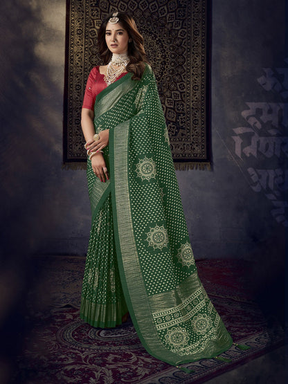 Green Bhandej Aari Work Crushed Silk Saree