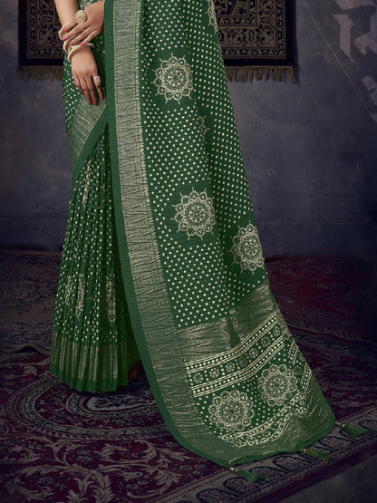 Green Bhandej Aari Work Crushed Silk Saree