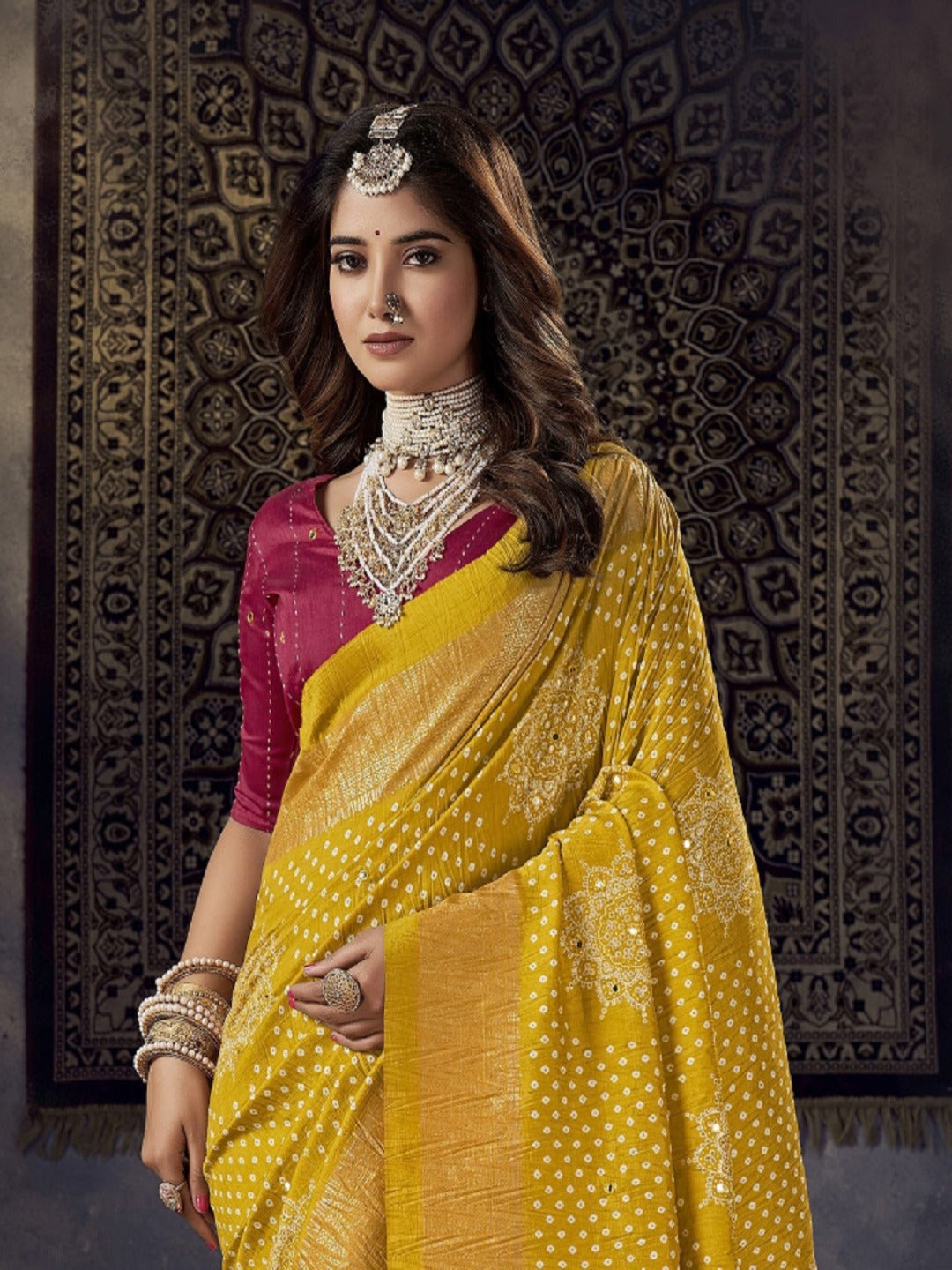 Mustard Bhandej Aari Work Crushed Silk Saree