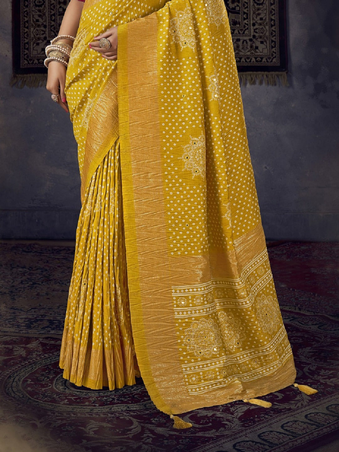 Mustard Bhandej Aari Work Crushed Silk Saree