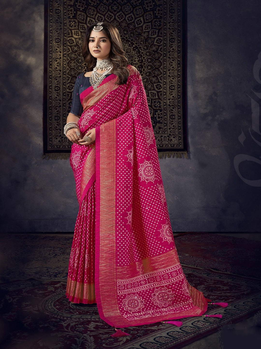 Magenta Bhandej Aari Work Crushed Silk Saree