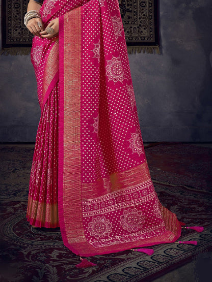 Magenta Bhandej Aari Work Crushed Silk Saree