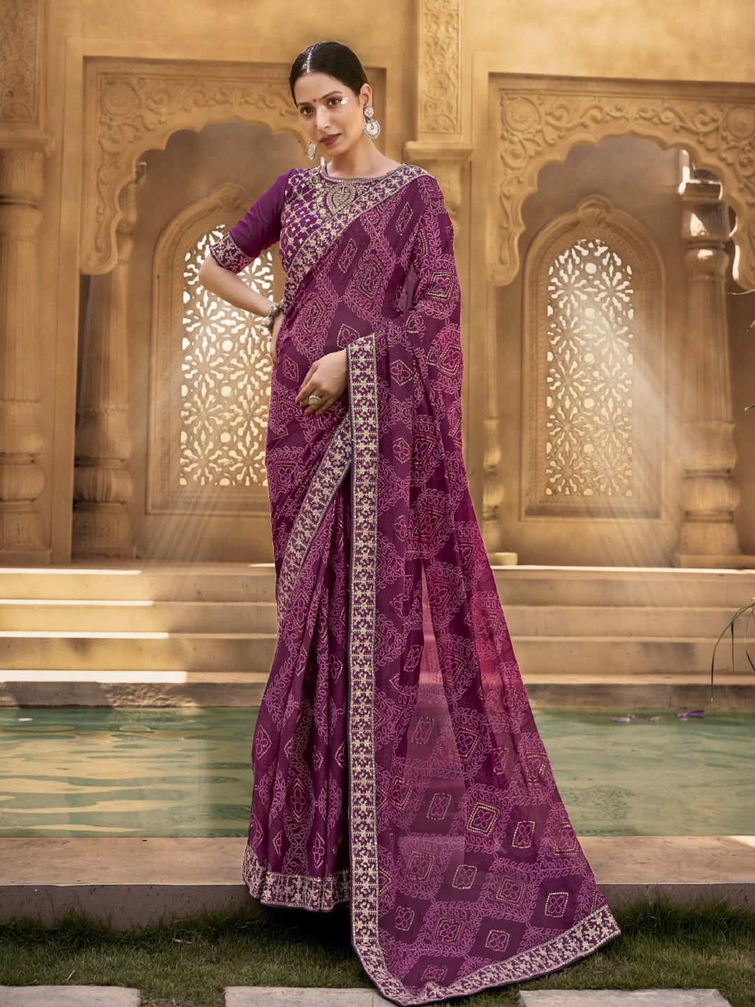 Wine Bhandej Printed Georgette Saree