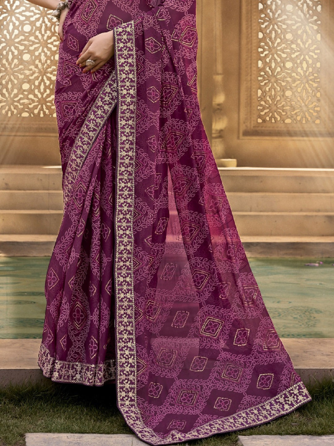 Wine Bhandej Printed Georgette Saree