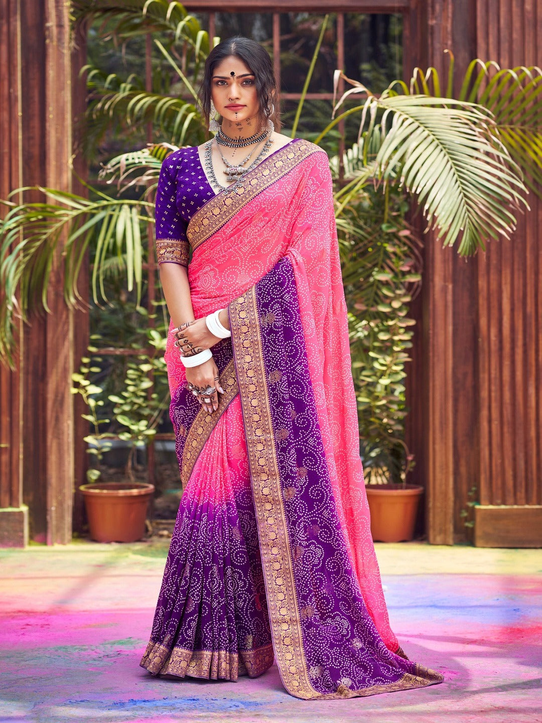 Purple Bhandej Foil Print Georgette Saree