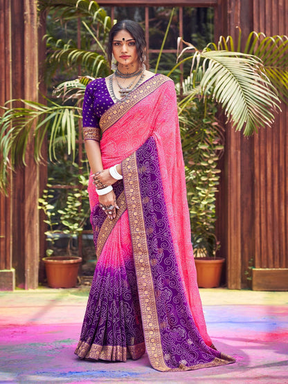 Purple Bhandej Foil Print Georgette Saree