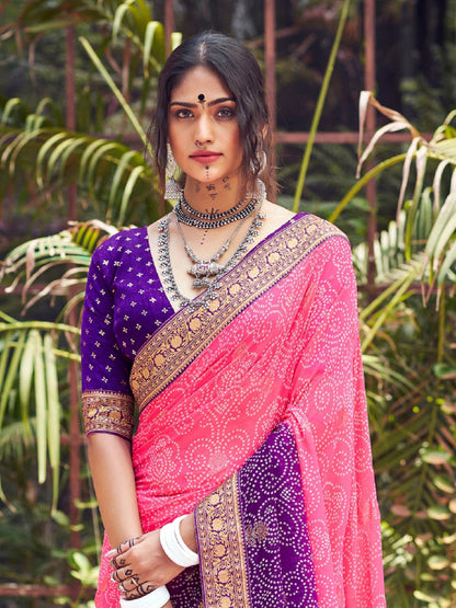 Purple Bhandej Foil Print Georgette Saree