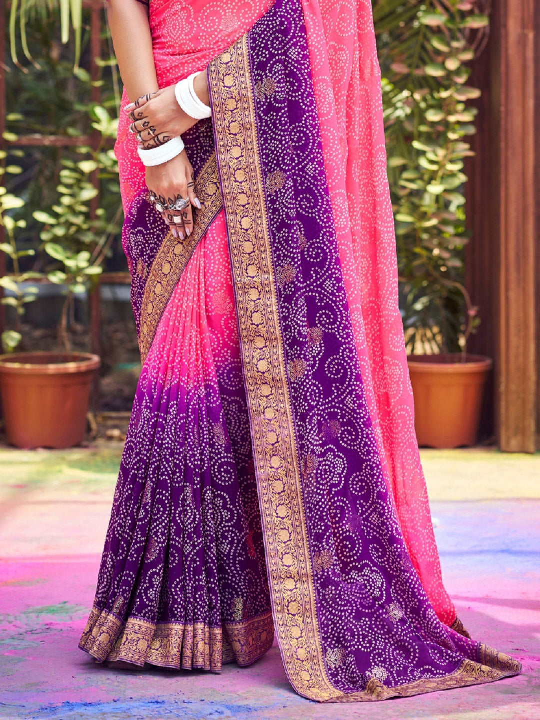 Purple Bhandej Foil Print Georgette Saree