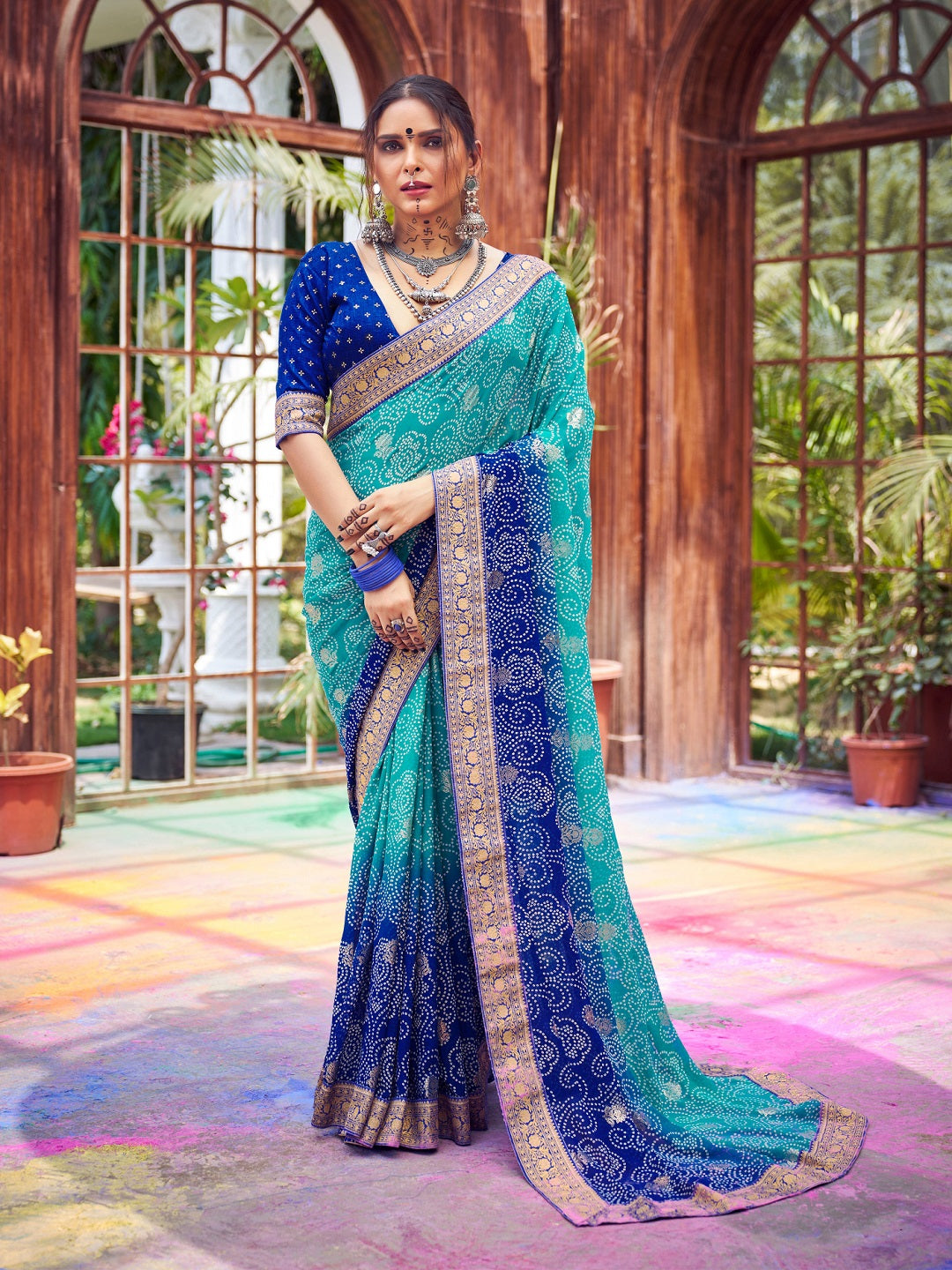 Blue Bhandej Foil Print Georgette Saree