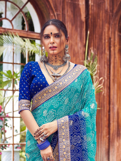 Blue Bhandej Foil Print Georgette Saree