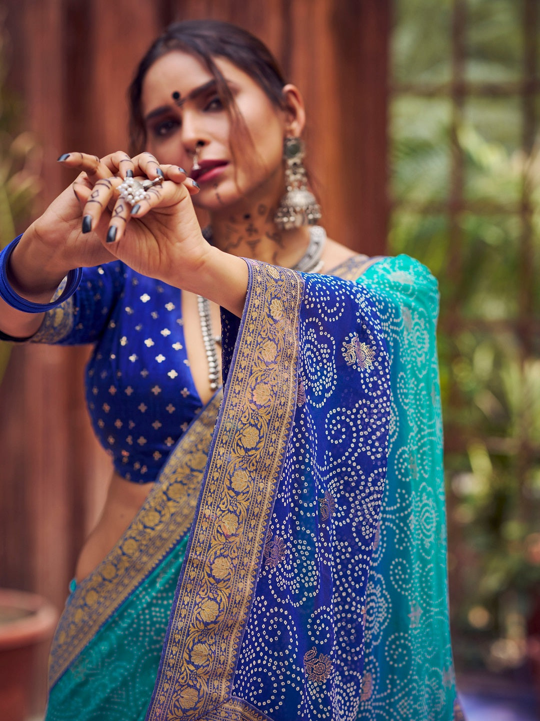 Blue Bhandej Foil Print Georgette Saree