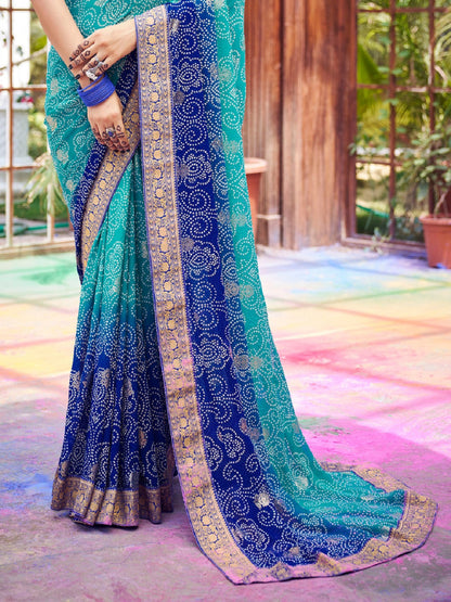 Blue Bhandej Foil Print Georgette Saree