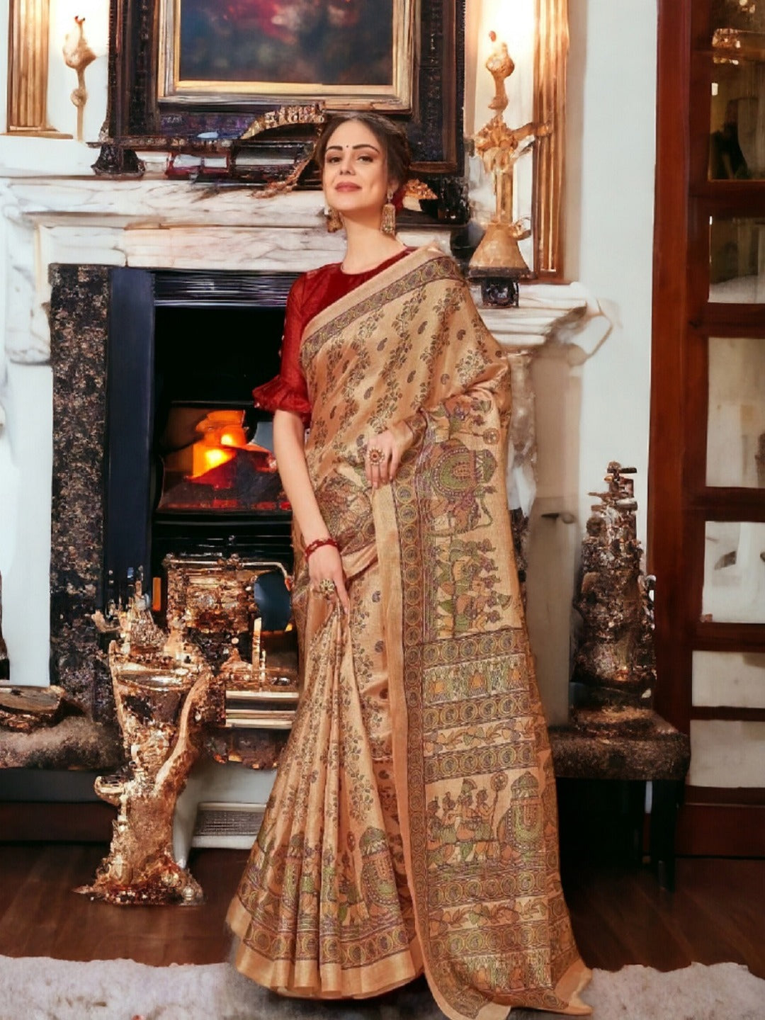 Peach Traditional Folklore Printed Khadi Silk Saree