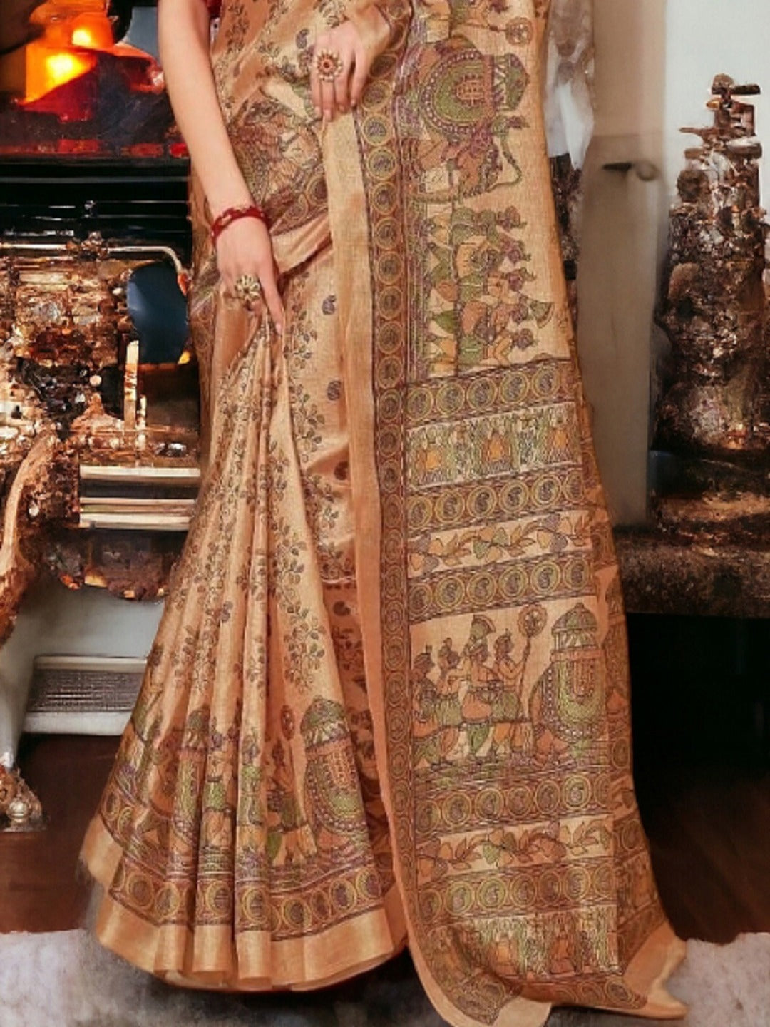 Peach Traditional Folklore Printed Khadi Silk Saree