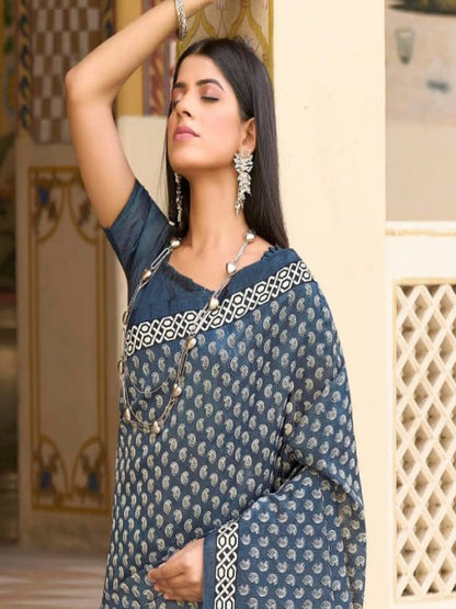 Navy Blue Ethnic Motifs Printed Bhagalpuri Silk Saree