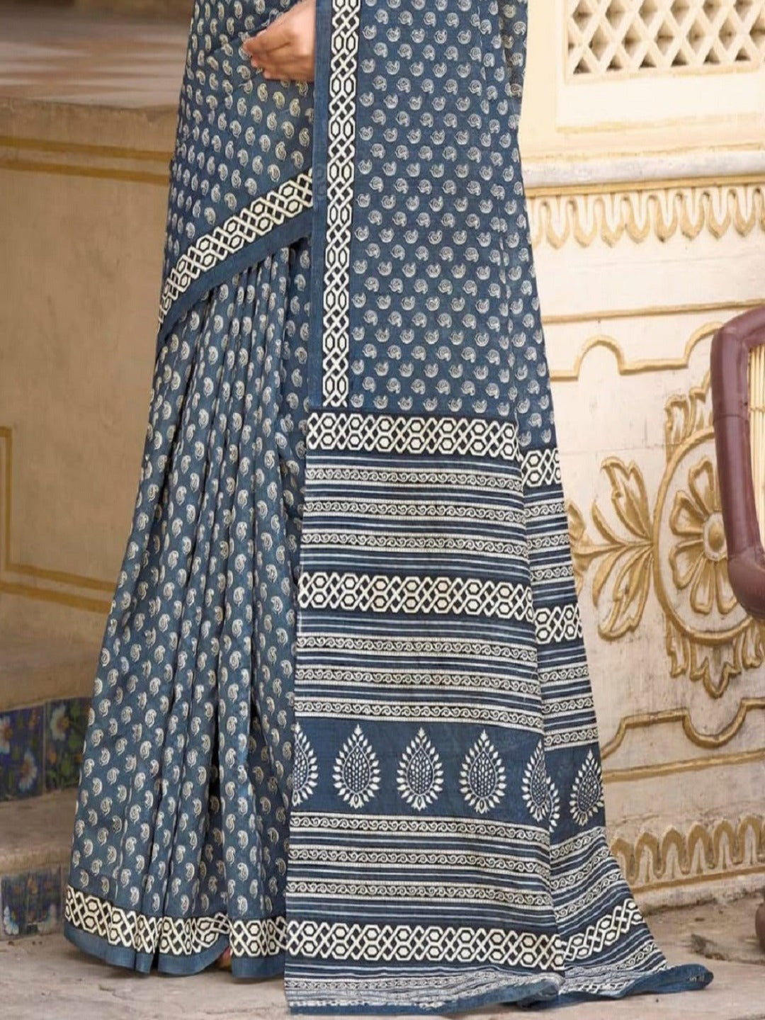 Navy Blue Ethnic Motifs Printed Bhagalpuri Silk Saree