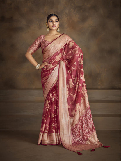 Red Floral Print Moss Brasso Saree