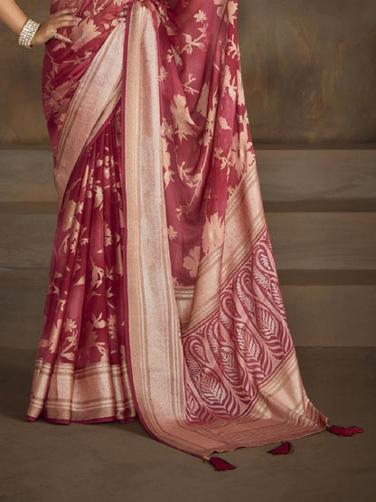 Red Floral Print Moss Brasso Saree