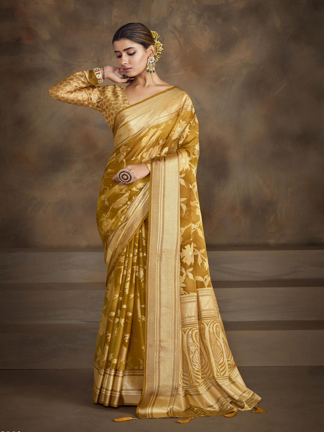 Mustard Floral Print Moss Brasso Saree