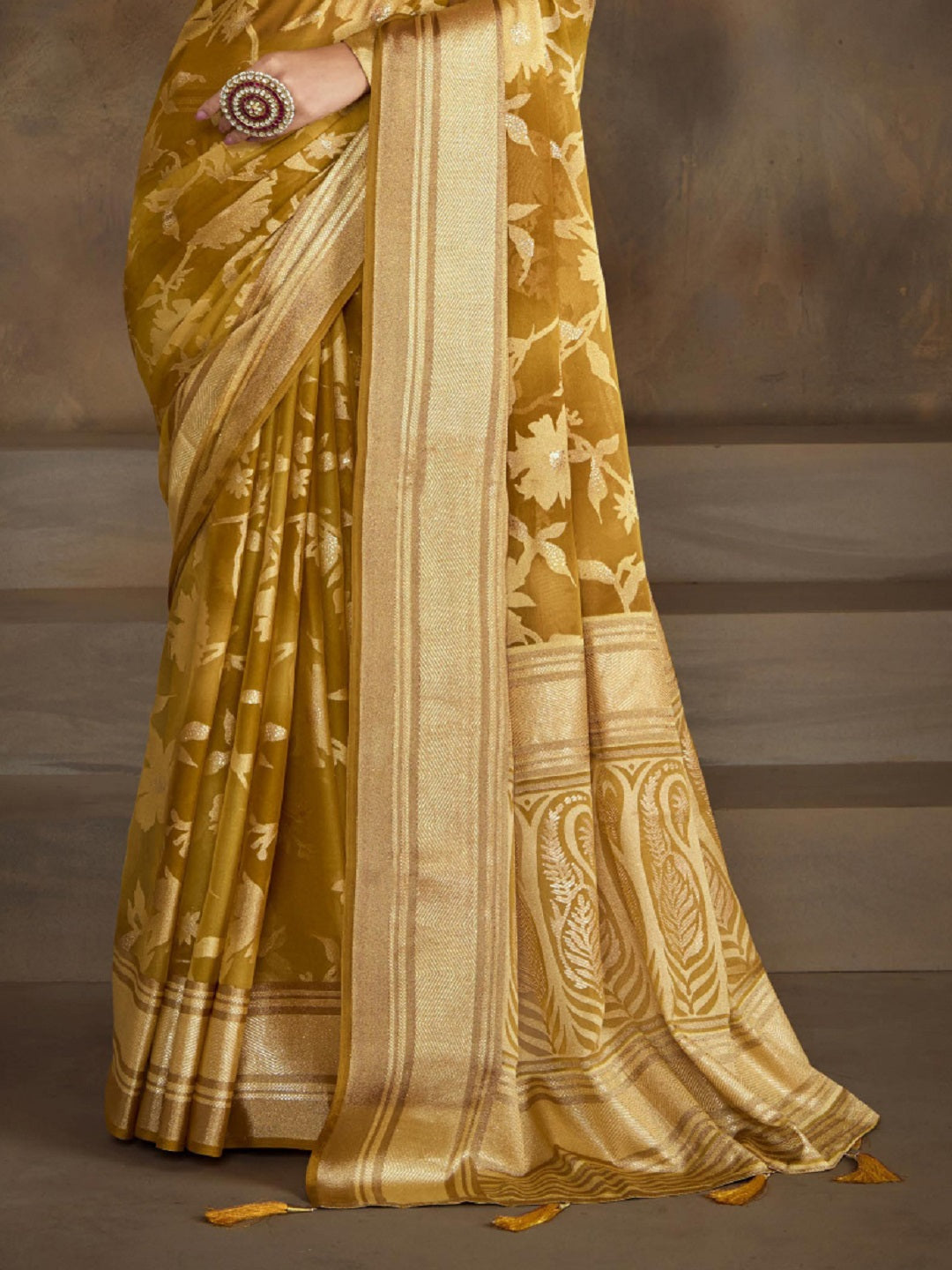 Mustard Floral Print Moss Brasso Saree