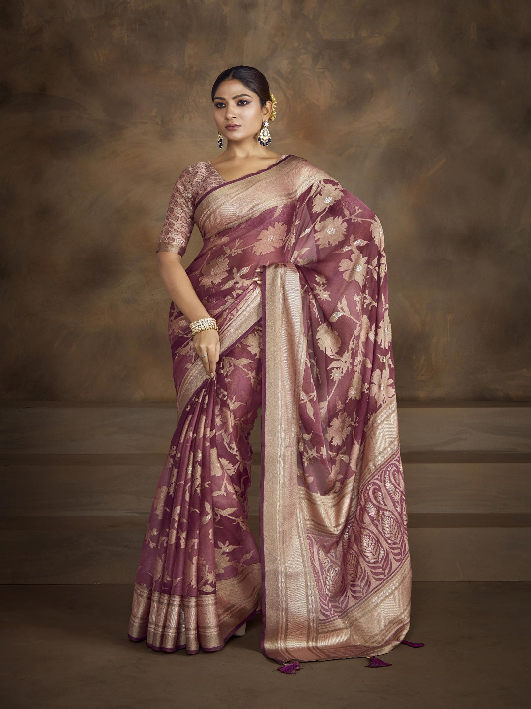 Mauve Floral Print Moss Brasso Saree