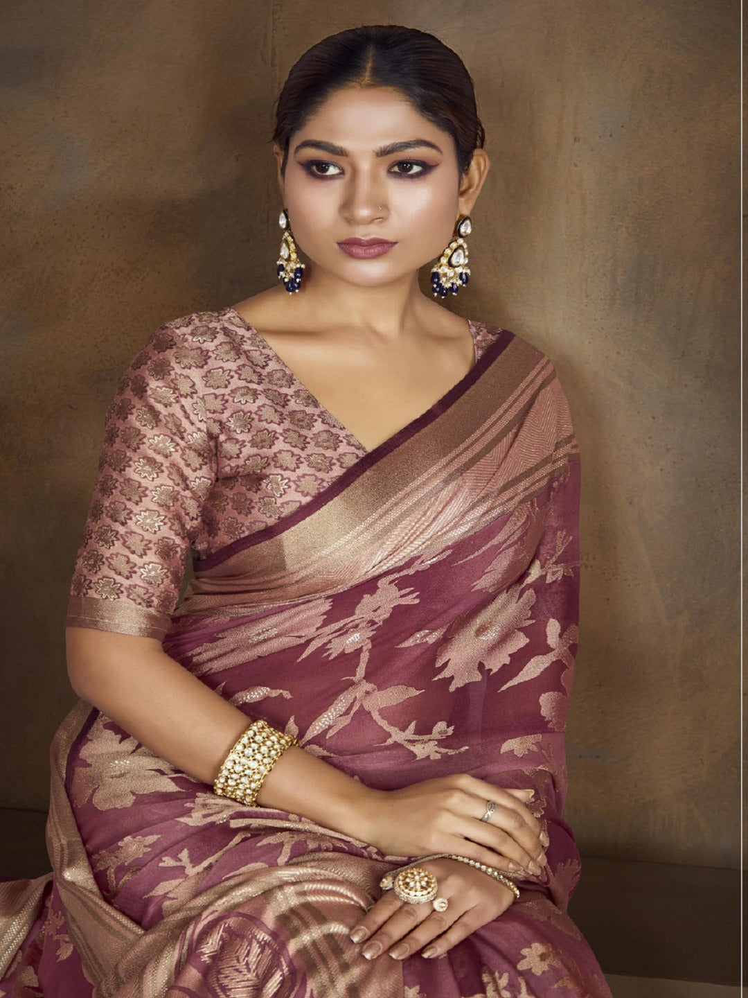 Mauve Floral Print Moss Brasso Saree