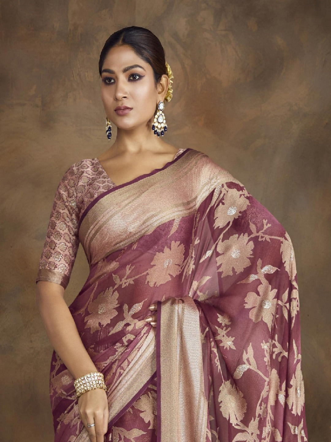 Mauve Floral Print Moss Brasso Saree