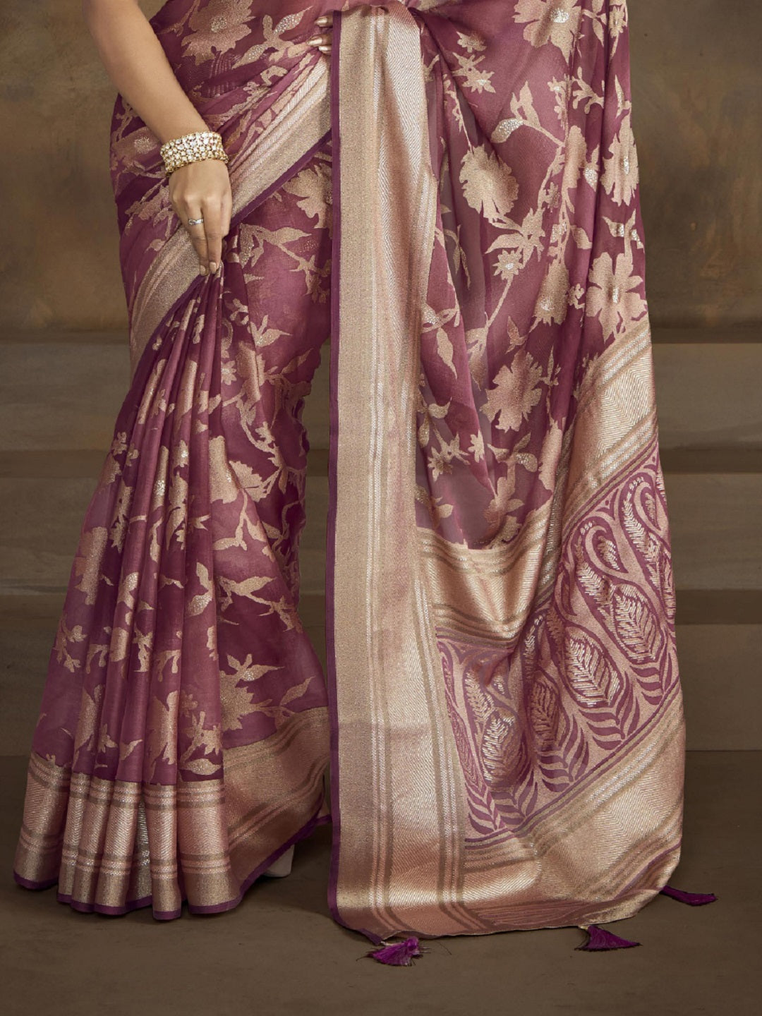 Mauve Floral Print Moss Brasso Saree