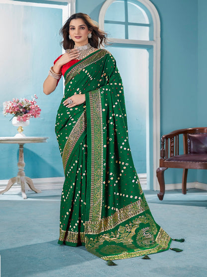 Green Bhandej Aari Work Crushed Silk Saree