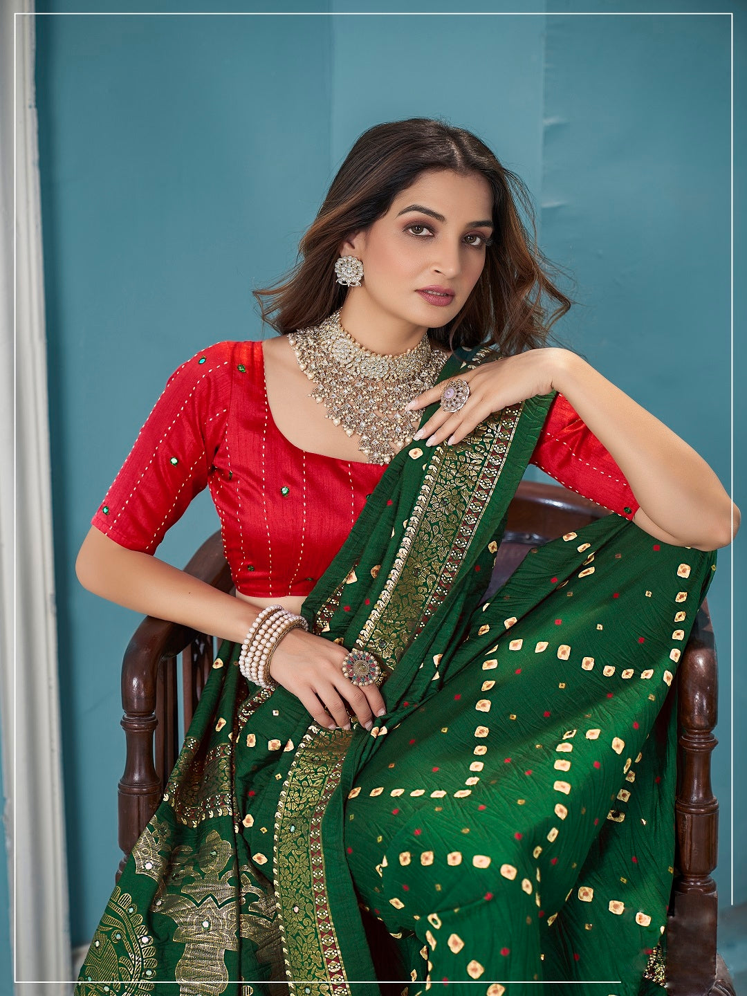 Green Bhandej Aari Work Crushed Silk Saree