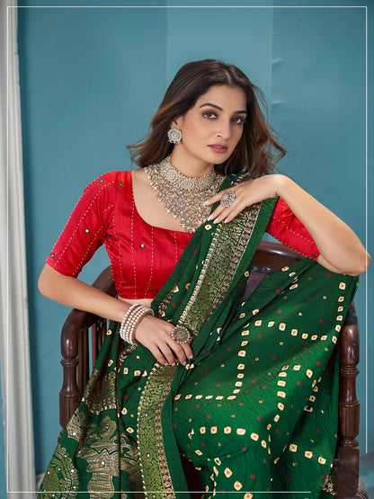 Green Bhandej Aari Work Crushed Silk Saree