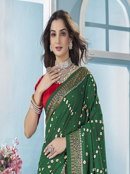 Green Bhandej Aari Work Crushed Silk Saree